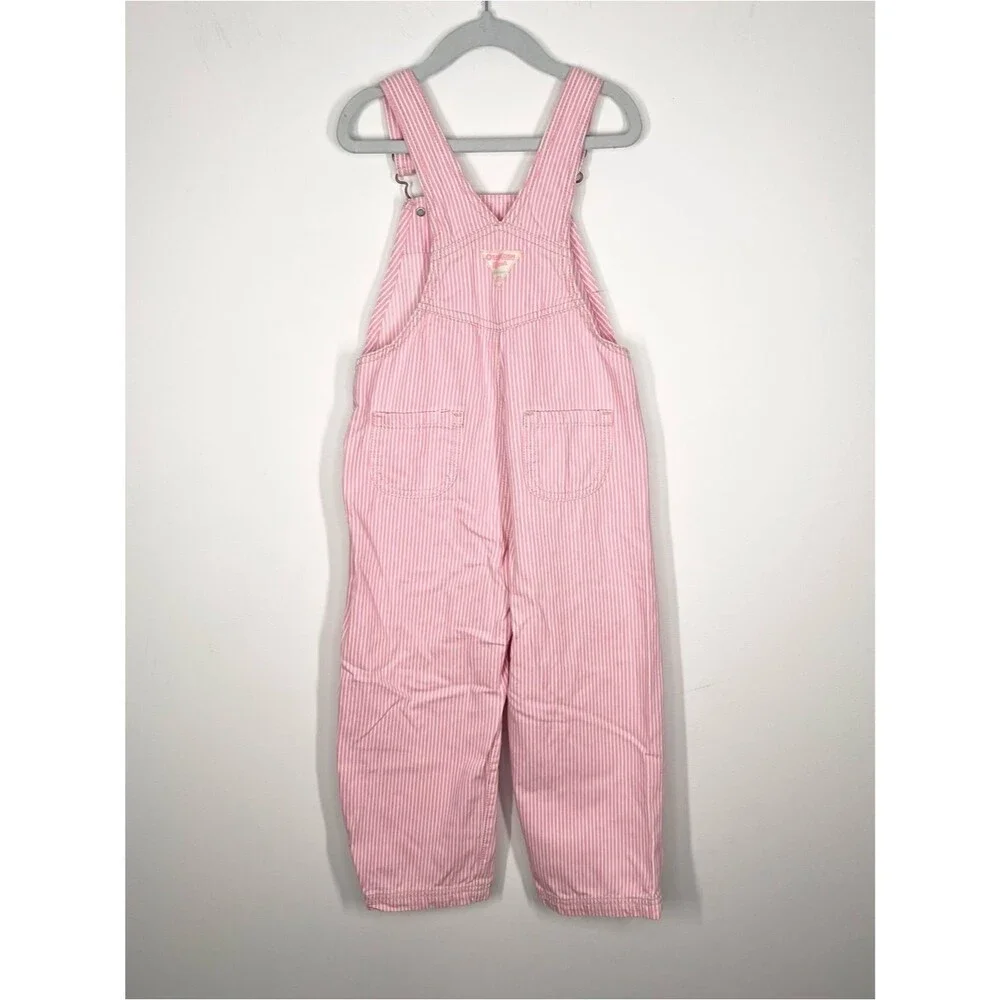 OshKosh B’gosh Pink White Railroad Stripe Embroidered Butterfly Coveralls 5T